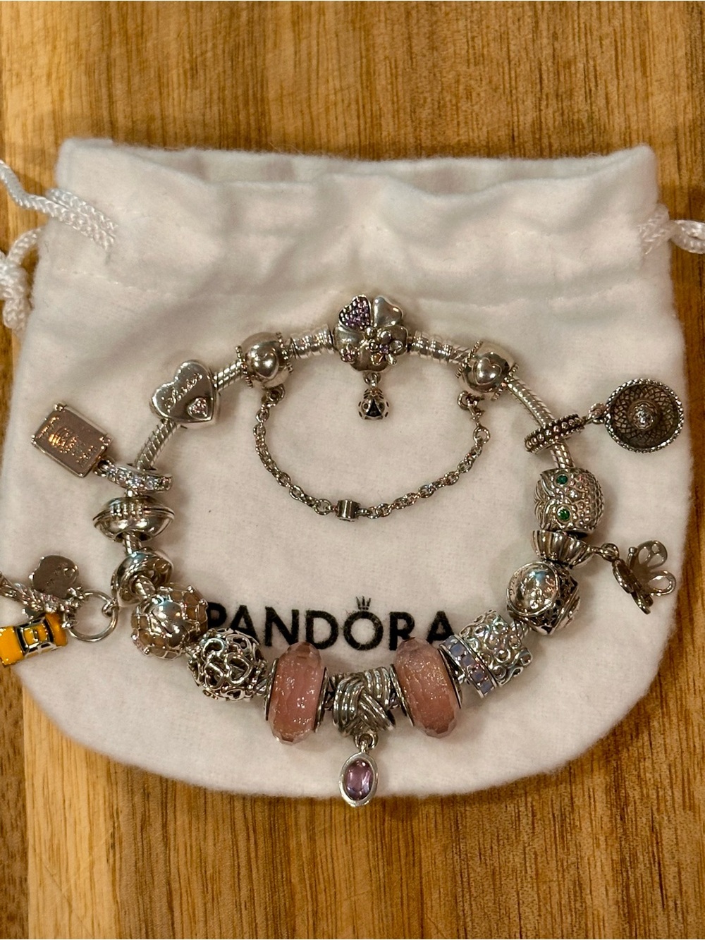 Pandora 7.5” Silver Bracelet with Pink Glass & Amethyst Drop Charms